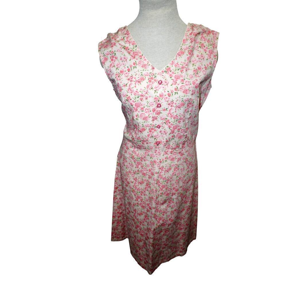 Vintage Pink Rose Floral Sleeveless Midi Dress – V-Neck, Button Front – Medium
